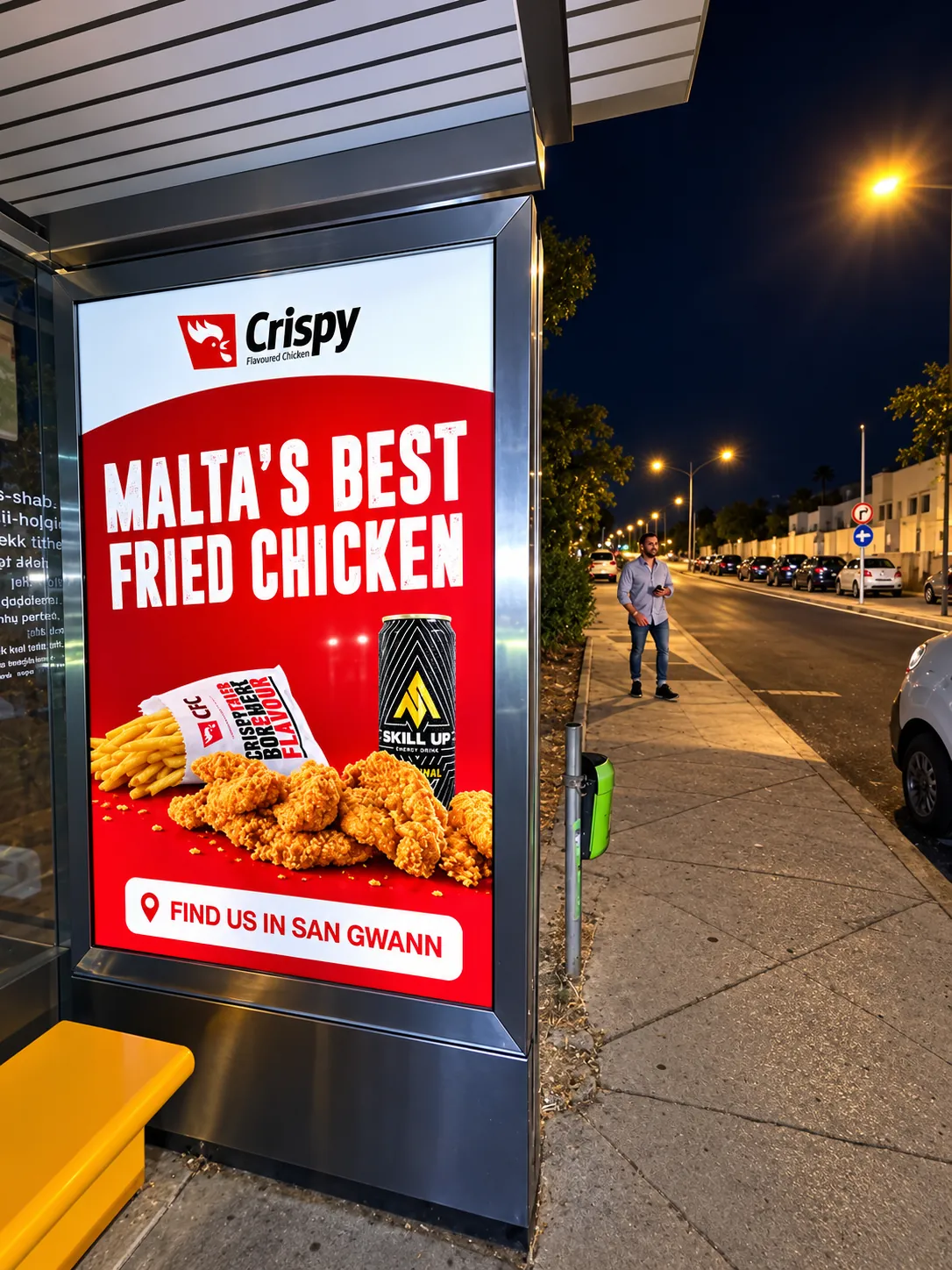 CFC bus shelter ad in San Ġwann at night: Malta’s best fried chicken