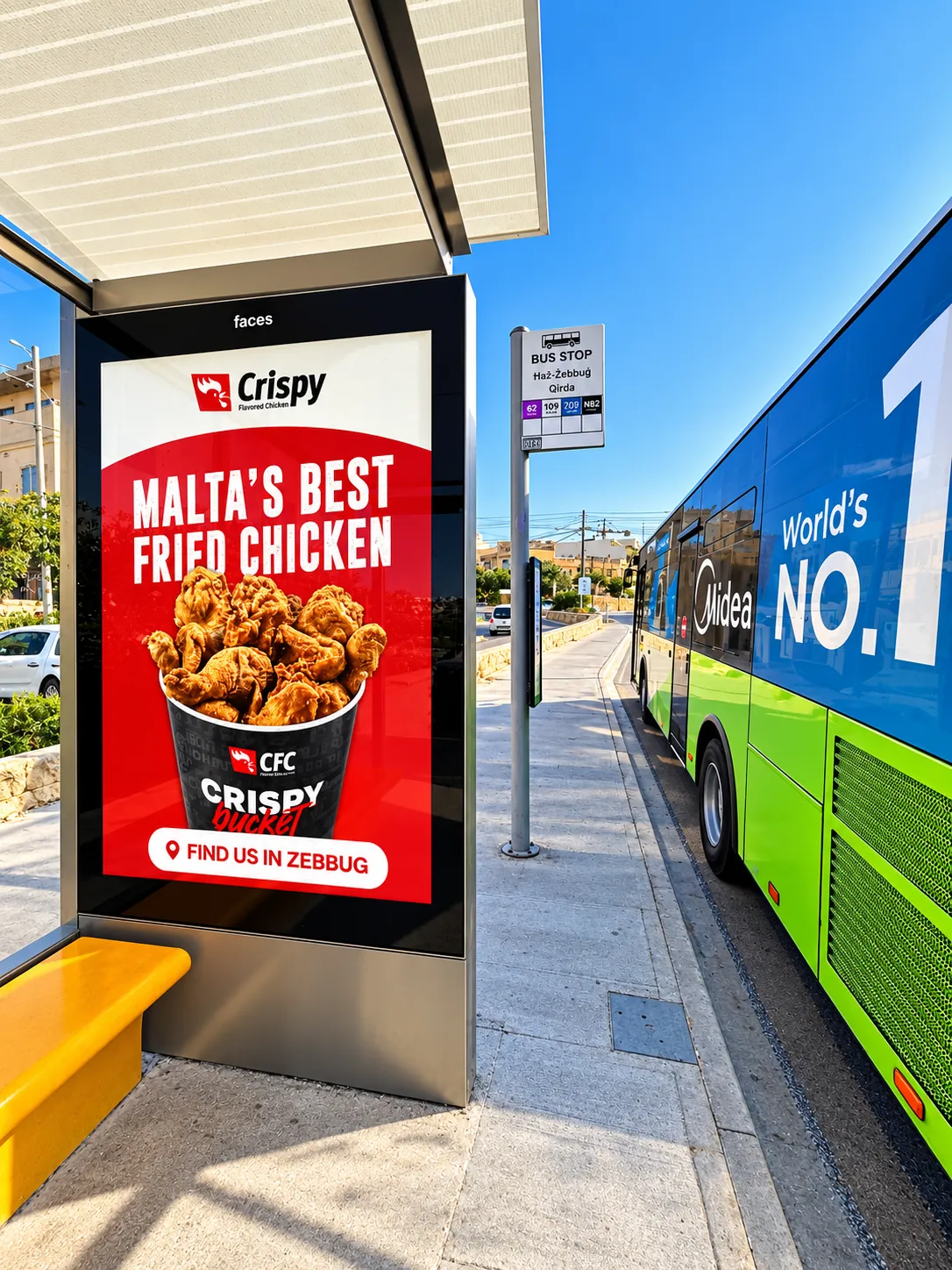 CFC bus shelter ad in Żebbuġ by day: Malta’s best fried chicken