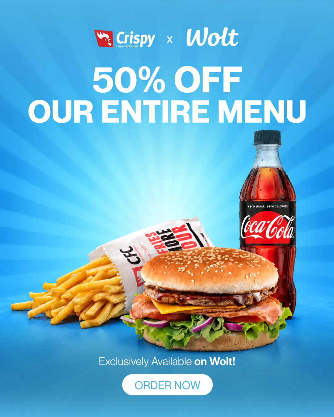 CFC and Wolt ad: 50% off the entire menu, with a burger meal and a cola