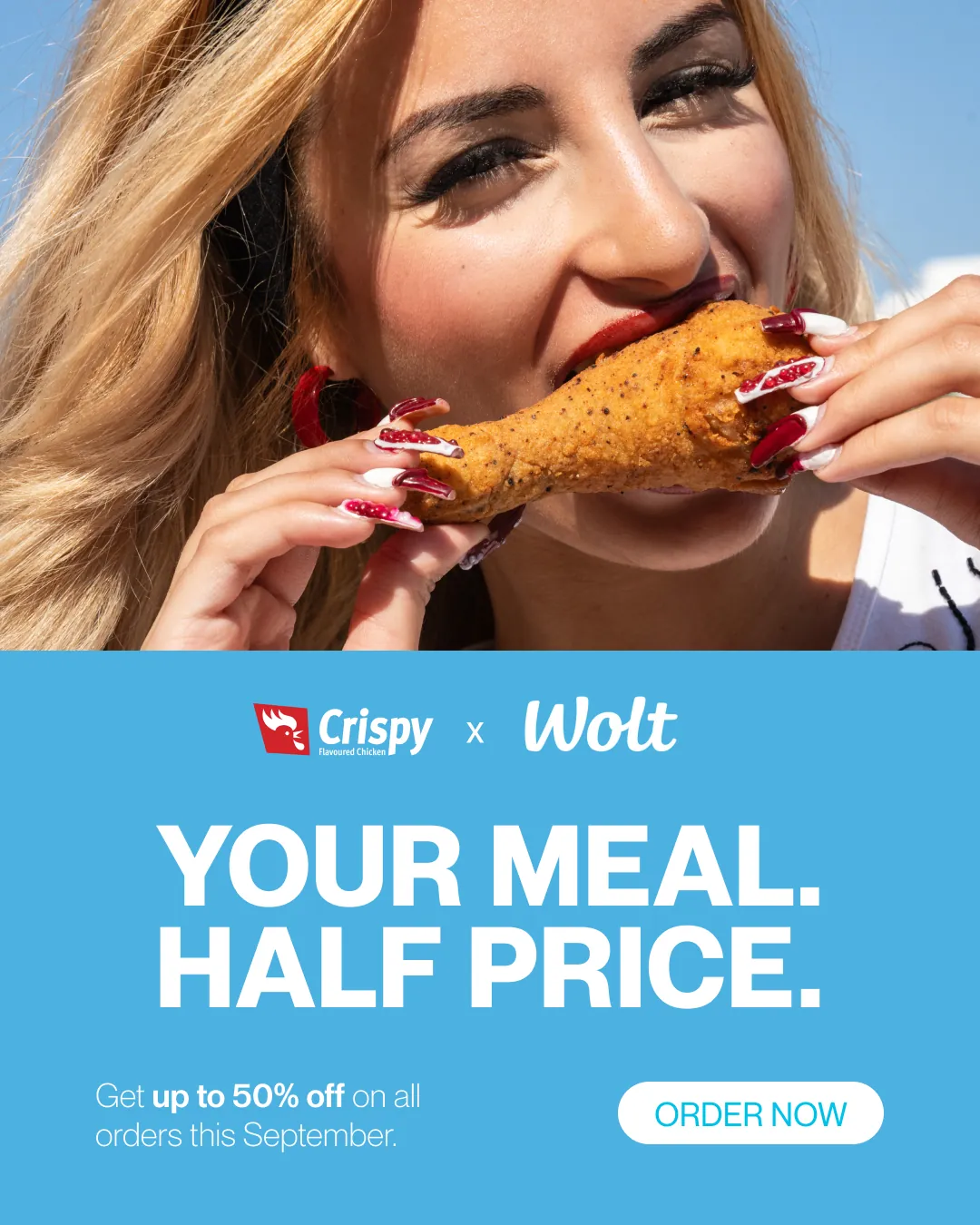 CFC and Wolt ad: your meal, half price, with a close-up of a bite of fried chicken