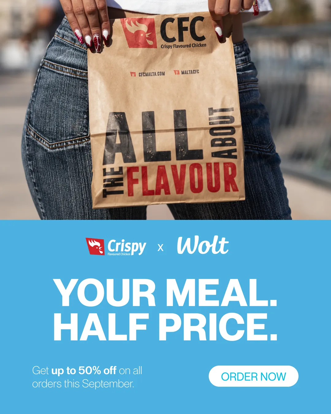 CFC and Wolt ad: your meal, half price, with the CFC takeaway bag