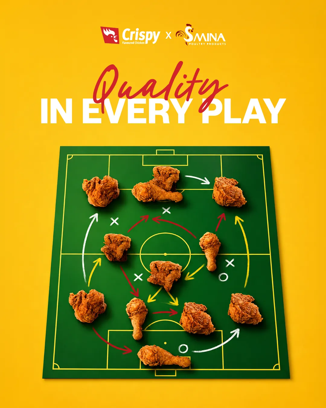 Quality in every play: fried chicken laid out as a football formation