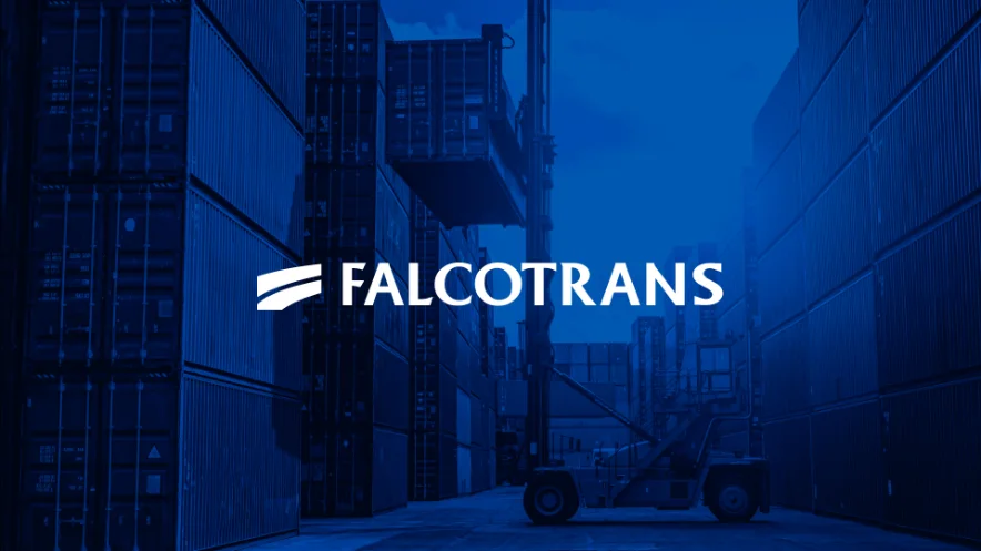 Falcotrans logo over a container port